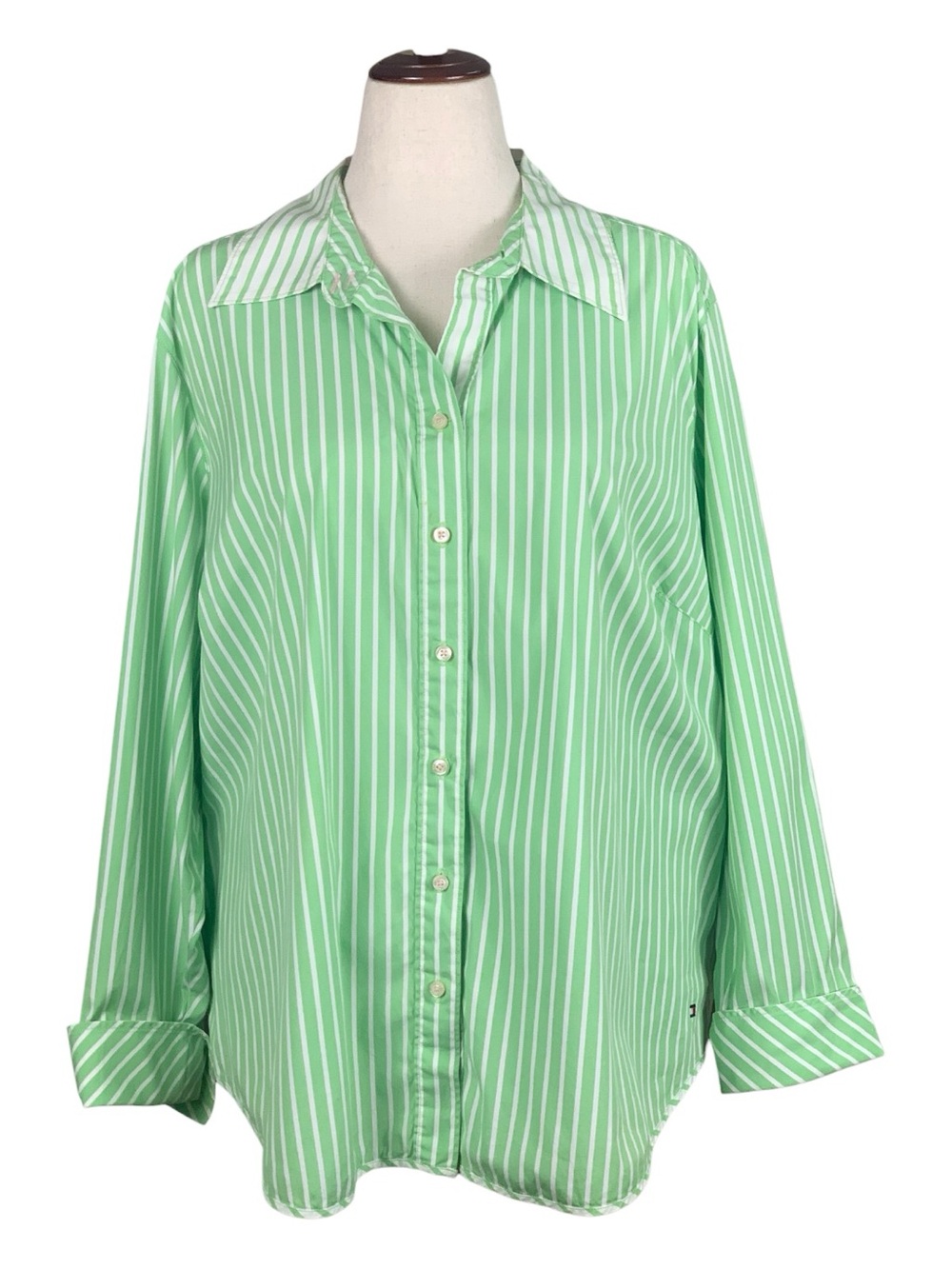 Tommy Hilfiger Mint Green White Striped Classic Front Button Shirt Preppy Sz 20